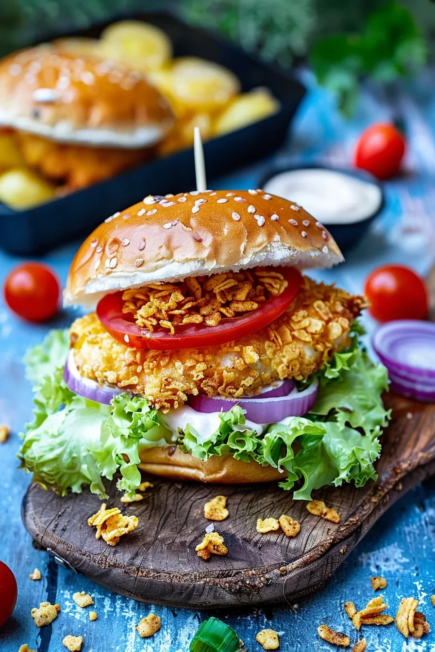 Crispy-Chickenburger mit Cornflakes aus dem Ofen