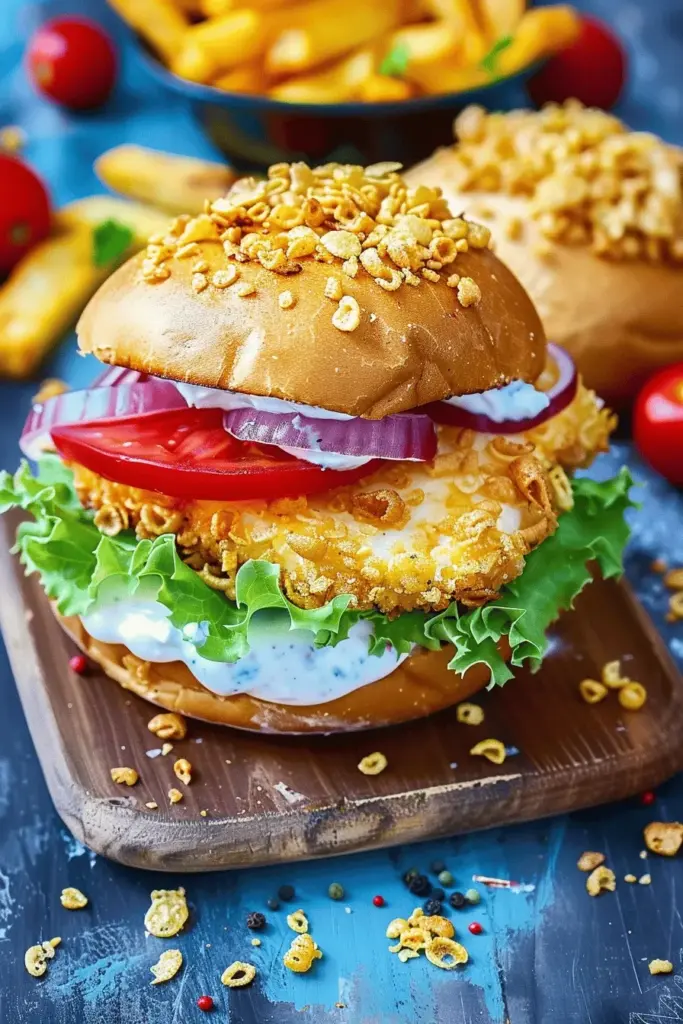 Crispy-Chickenburger mit Cornflakes aus dem Ofen