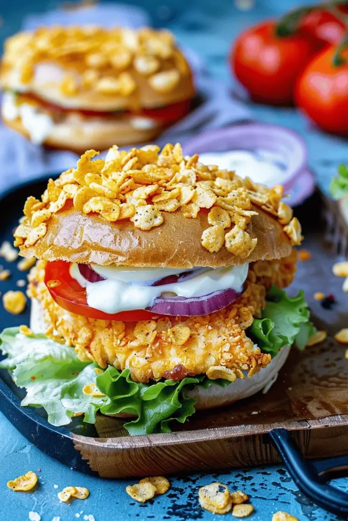 Crispy-Chickenburger mit Cornflakes aus dem Ofen