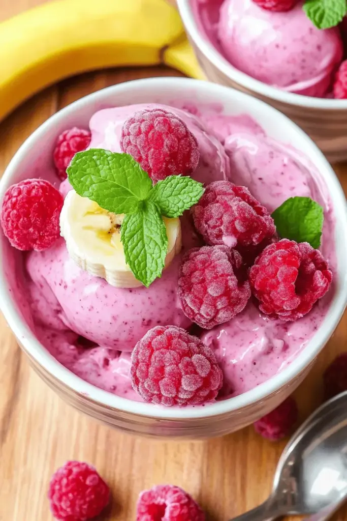 Gesundes Eis mit Himbeeren und Banane