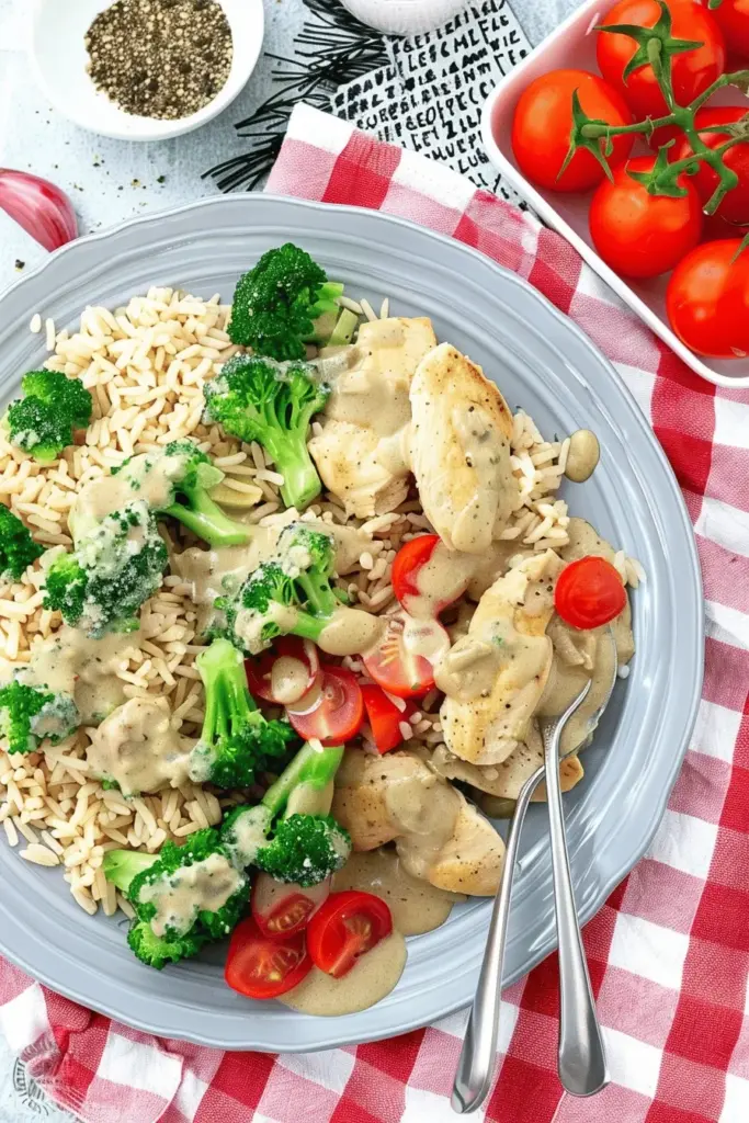 Hähnchen-Pfanne mit Brokkoli, Tomaten und Reis