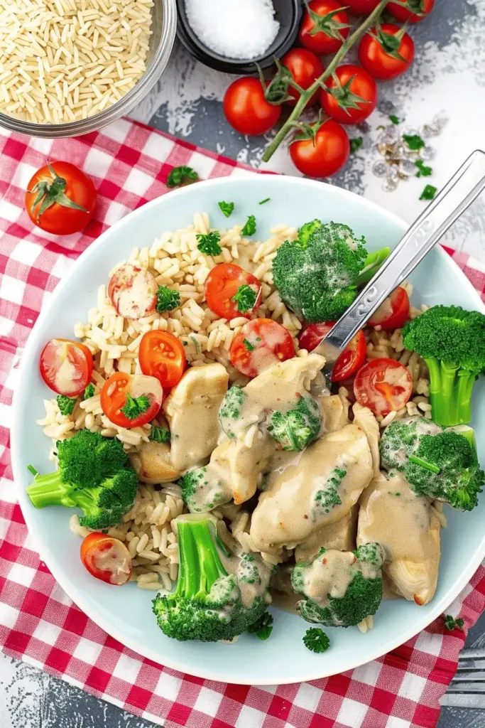 Hähnchen-Pfanne mit Brokkoli, Tomaten und Reis