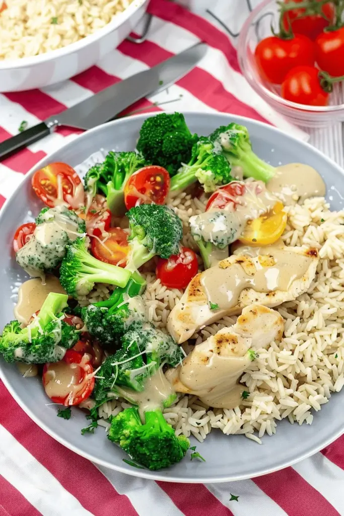 Hähnchen-Pfanne mit Brokkoli, Tomaten und Reis
