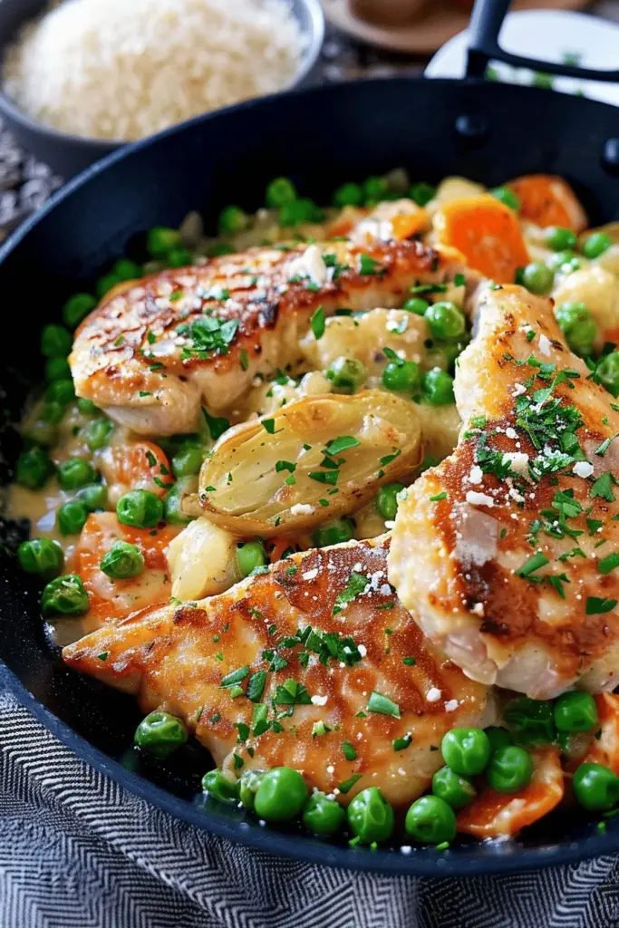 Hähnchen mit Erbsen und Möhren Gemüse