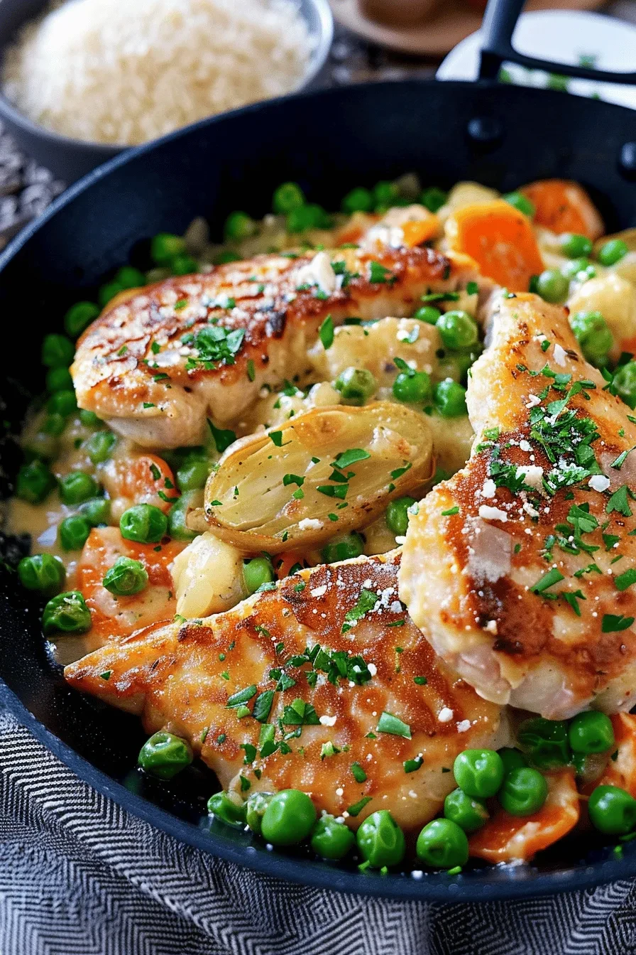 Hähnchen mit Erbsen und Möhren Gemüse