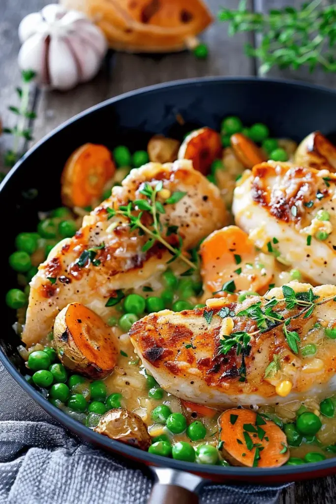 Hähnchen mit Erbsen und Möhren Gemüse