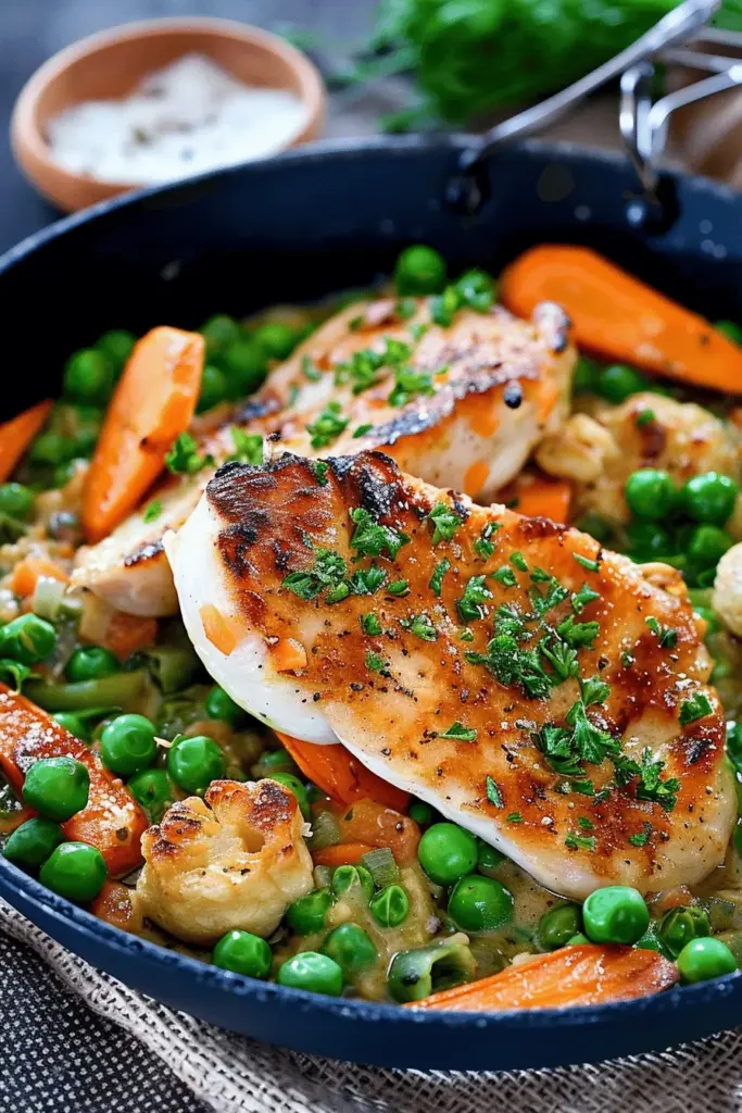 Hähnchen mit Erbsen und Möhren Gemüse
