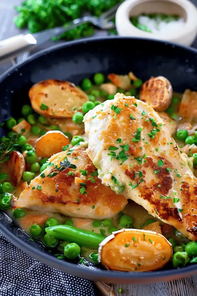 Hähnchen mit Erbsen und Möhren Gemüse