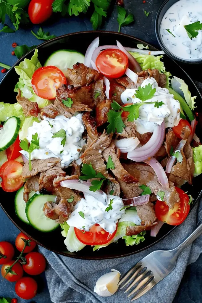 Low Carb Dönerteller mit Salat und Tzatziki
