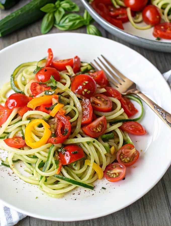 Low Carb Zucchini-Nudeln mit Tomaten und Paprika