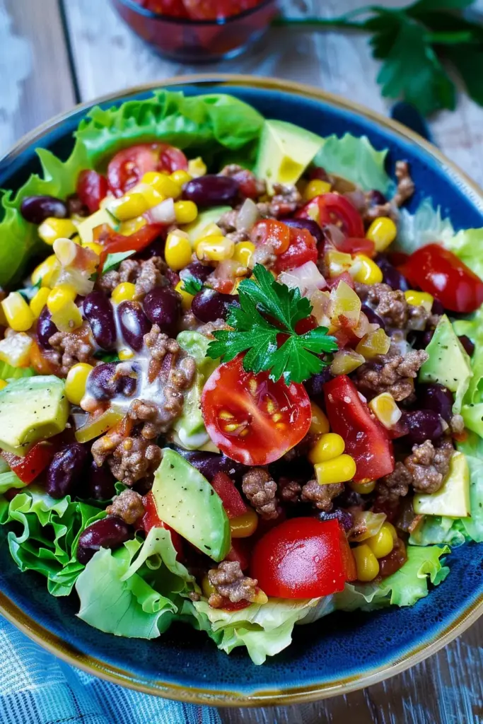 Mexikanischer Salat , ein Partysalat mit Hackfleisch