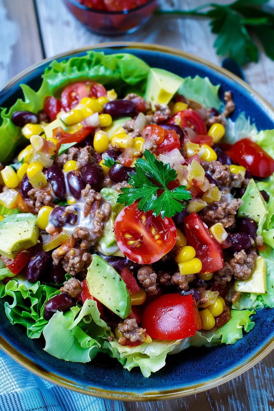 Mexikanischer Salat , ein Partysalat mit Hackfleisch