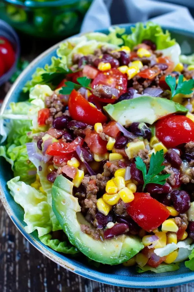 Mexikanischer Salat , ein Partysalat mit Hackfleisch