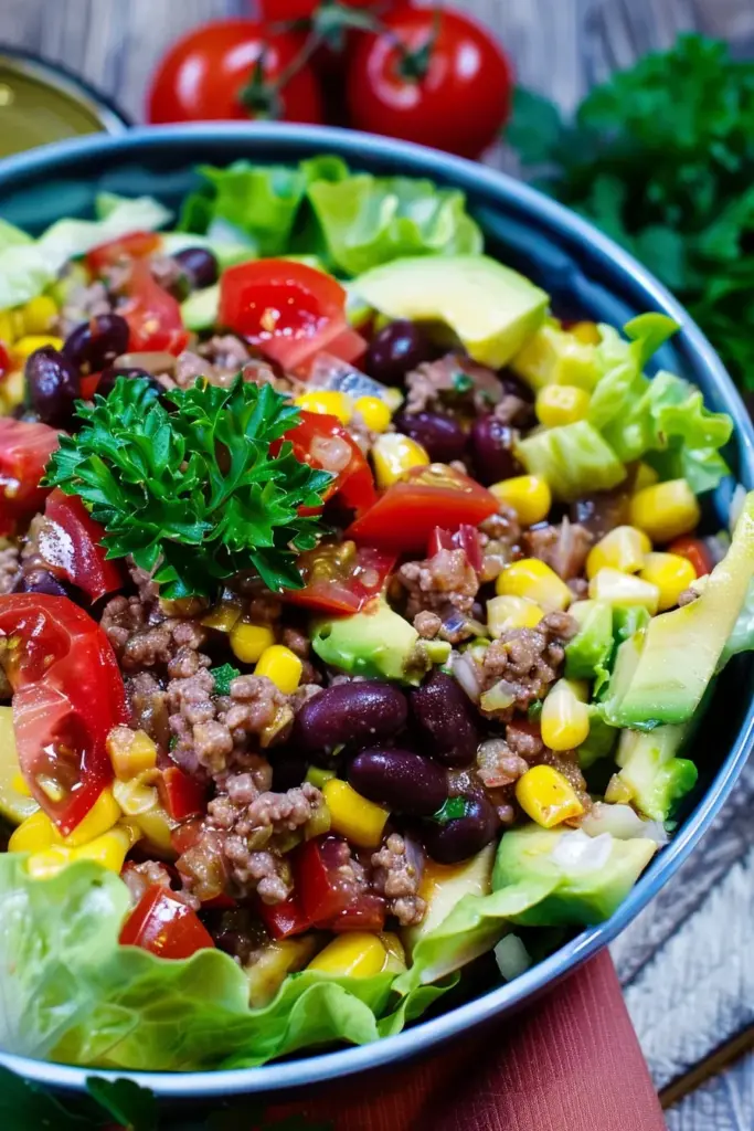 Mexikanischer Salat , ein Partysalat mit Hackfleisch