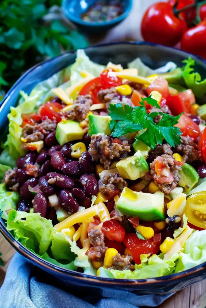 Mexikanischer Salat , ein Partysalat mit Hackfleisch