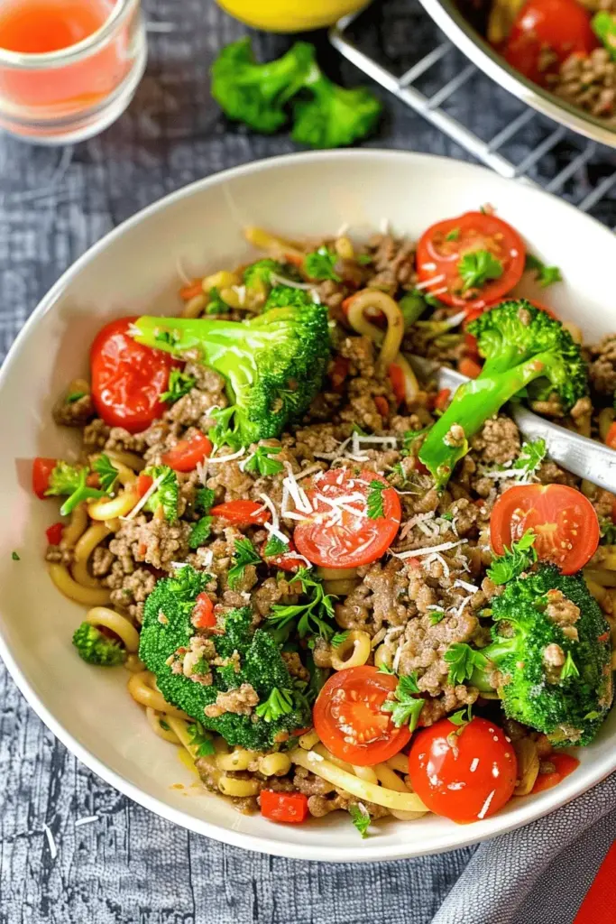 Nudeln mit Hackfleisch, Brokkoli und Tomaten
