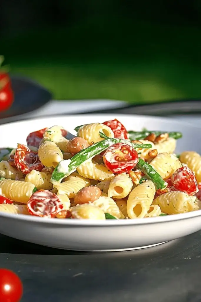 Nudelsalat mit Bohnen, Tomaten und Walnüssen
