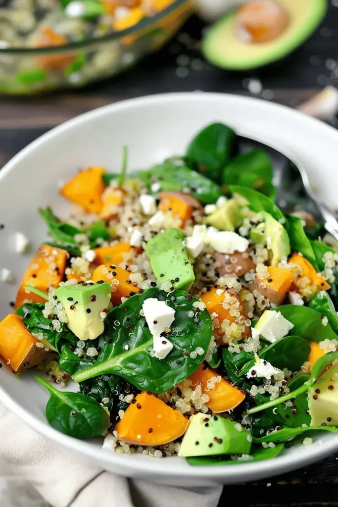 One Pot Quinoa mit Spinat, Avocado und Süßkartoffeln