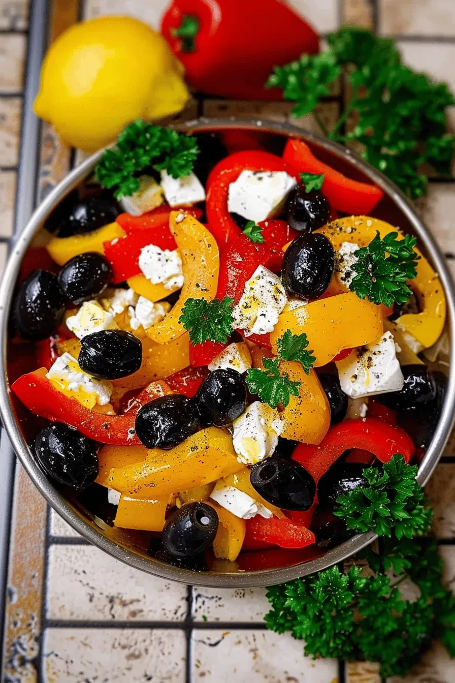 Paprika-Feta-Salat mit Oliven und Petersilie