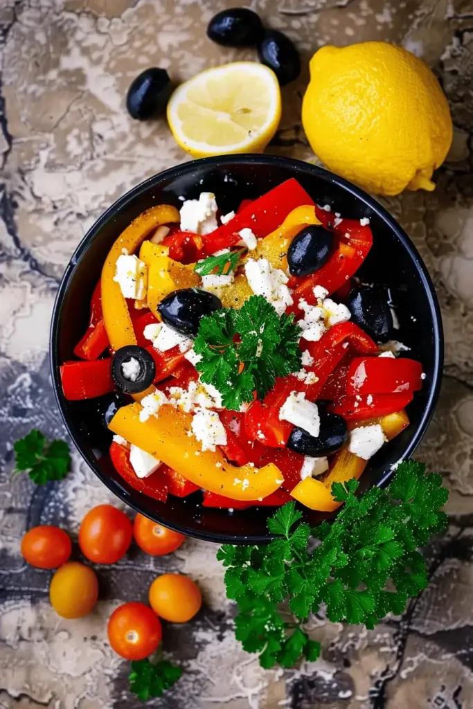 Paprika-Feta-Salat mit Oliven und Petersilie