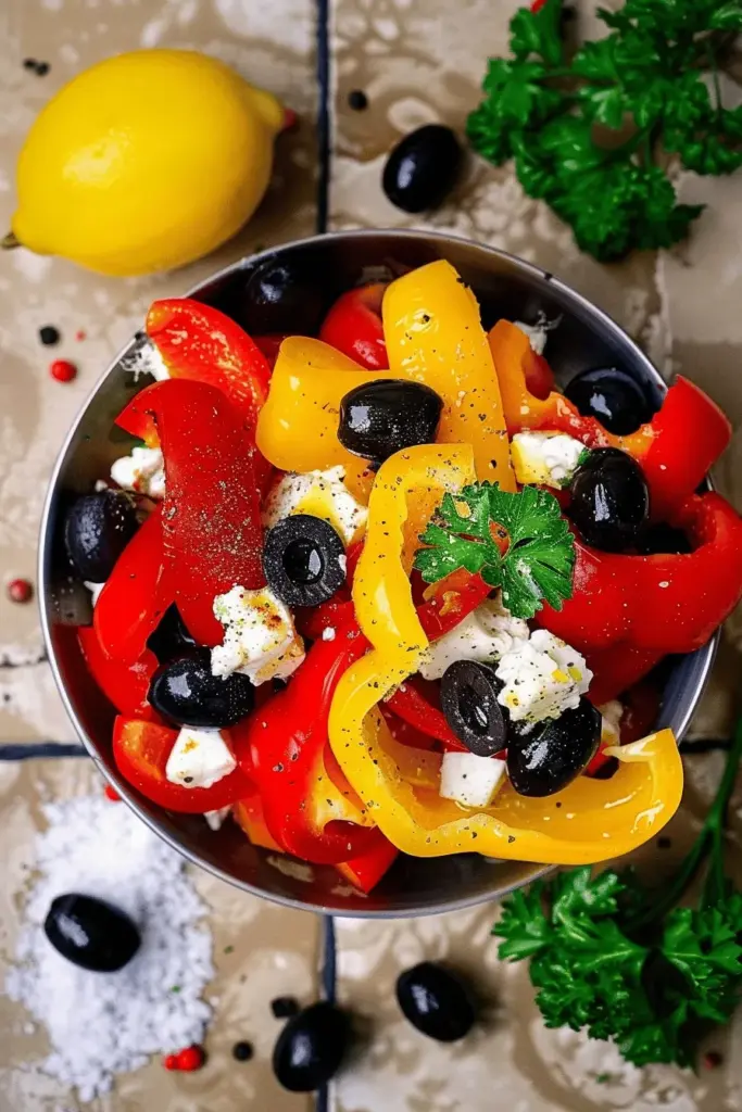 Paprika-Feta-Salat mit Oliven und Petersilie