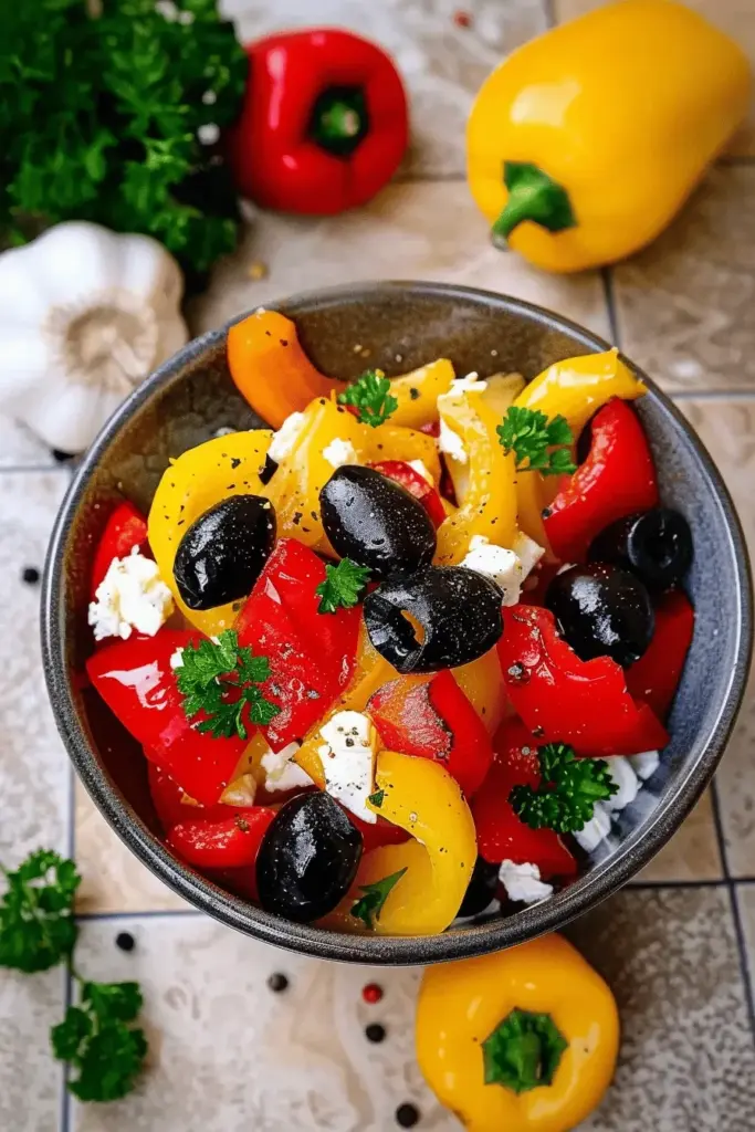 Paprika-Feta-Salat mit Oliven und Petersilie