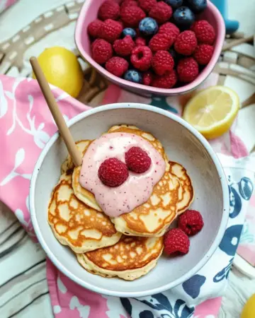 Quarkplinsen für Kinder mit Beerenquark, Himbeeren und Heidelbeeren