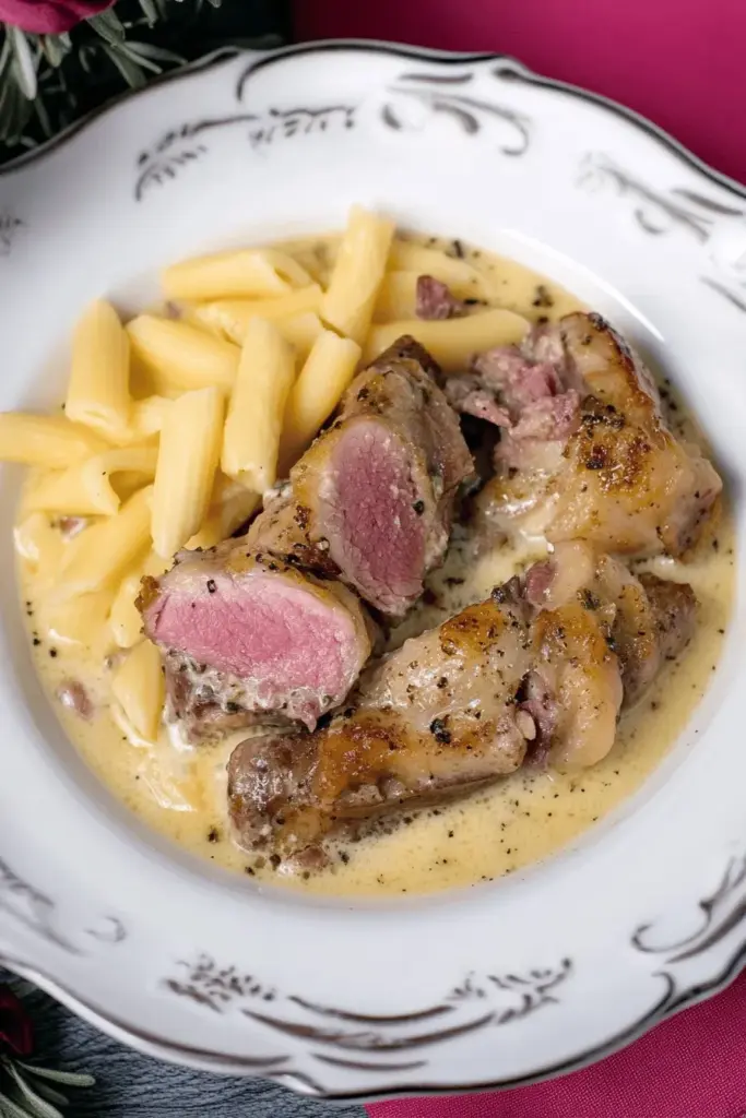 Schweinefilet in Gorgonzola-Soße mit Pinienkernen