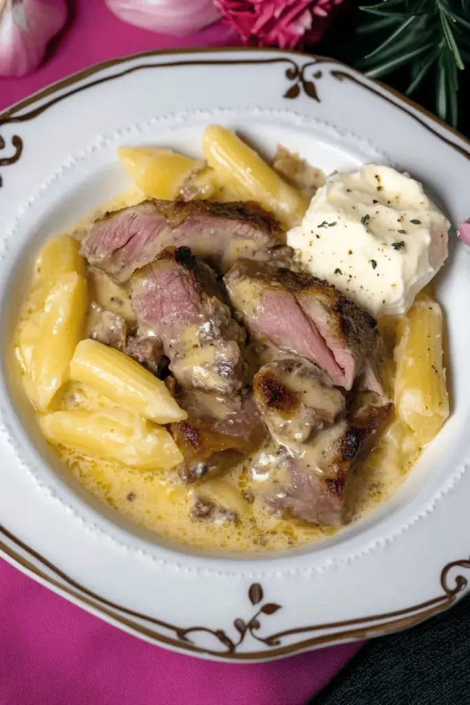 Schweinefilet in Gorgonzola-Soße mit Pinienkernen