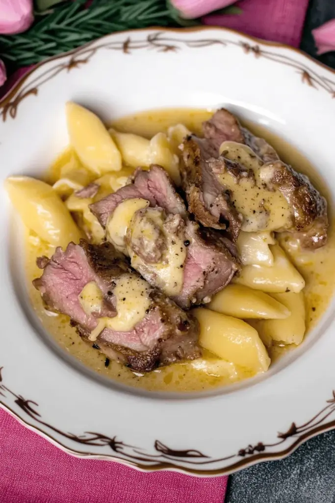 Schweinefilet in Gorgonzola-Soße mit Pinienkernen
