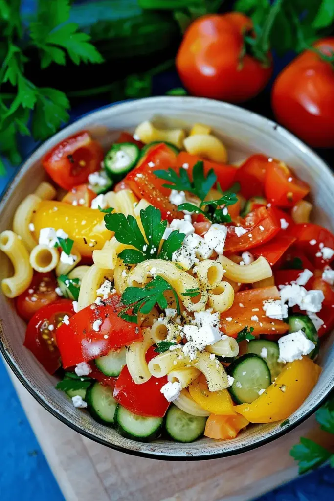 Sommerpasta mit Feta, Gemüse und Weißwein