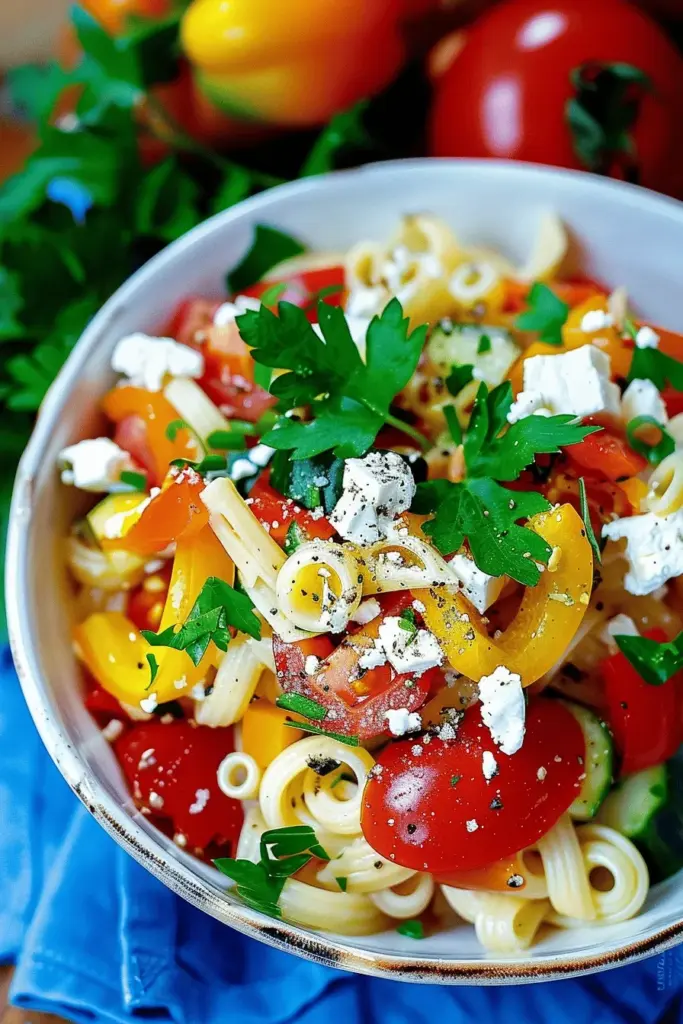 Sommerpasta mit Feta, Gemüse und Weißwein