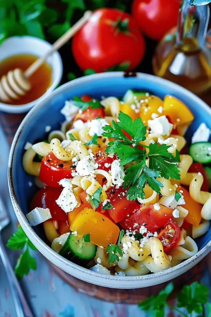 Sommerpasta mit Feta, Gemüse und Weißwein