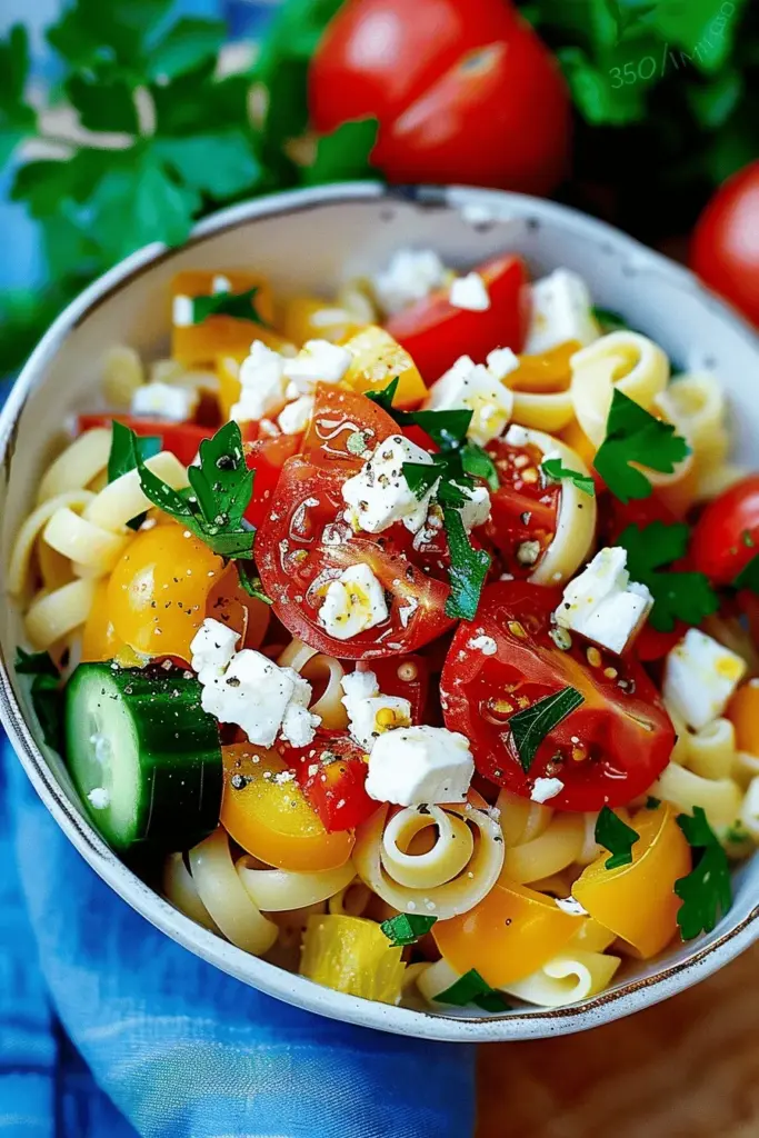 Sommerpasta mit Feta, Gemüse und Weißwein