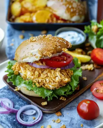 Knuspriger Crispy-Chickenburger mit selbstgemachte Brötchen und Tomaten