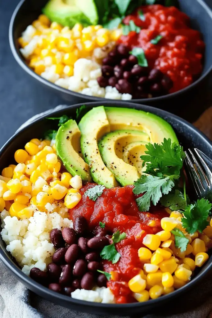 Bowl mit Blumenkohlreis und Avocado