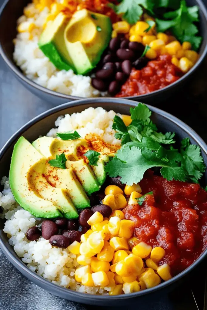 Bowl mit Blumenkohlreis und Avocado