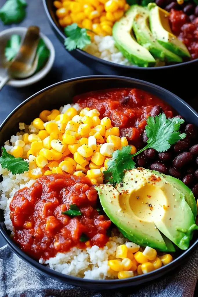 Bowl mit Blumenkohlreis und Avocado