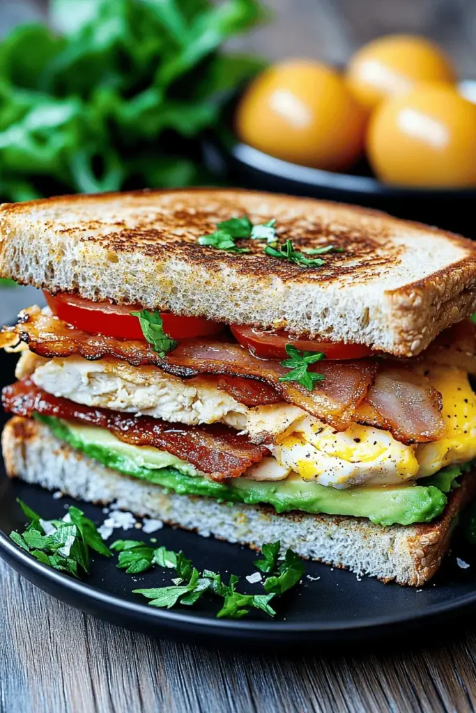 Chicken-Sandwich mit Hähnchen, Ei und Avocado