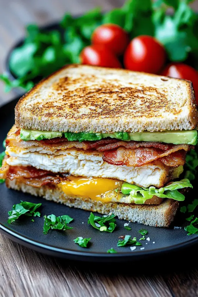 Chicken-Sandwich mit Hähnchen, Ei und Avocado