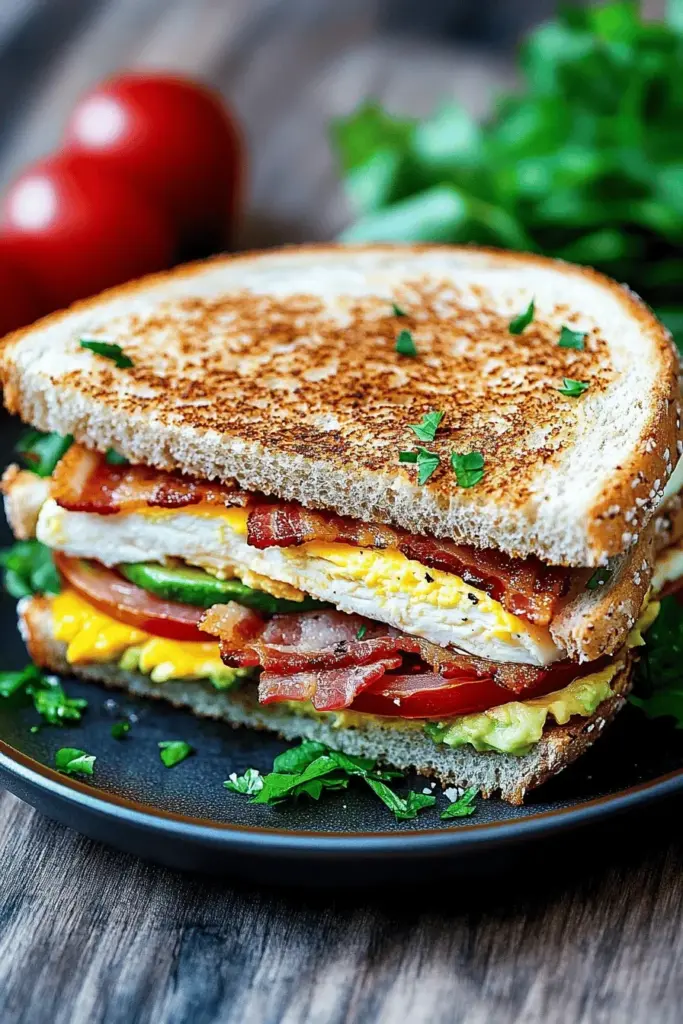 Chicken-Sandwich mit Hähnchen, Ei und Avocado
