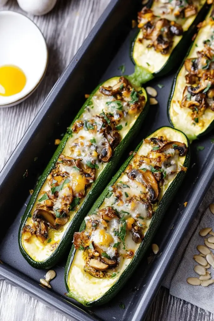 Gefüllte Zucchini mit Champignons und Knoblauchjoghurt