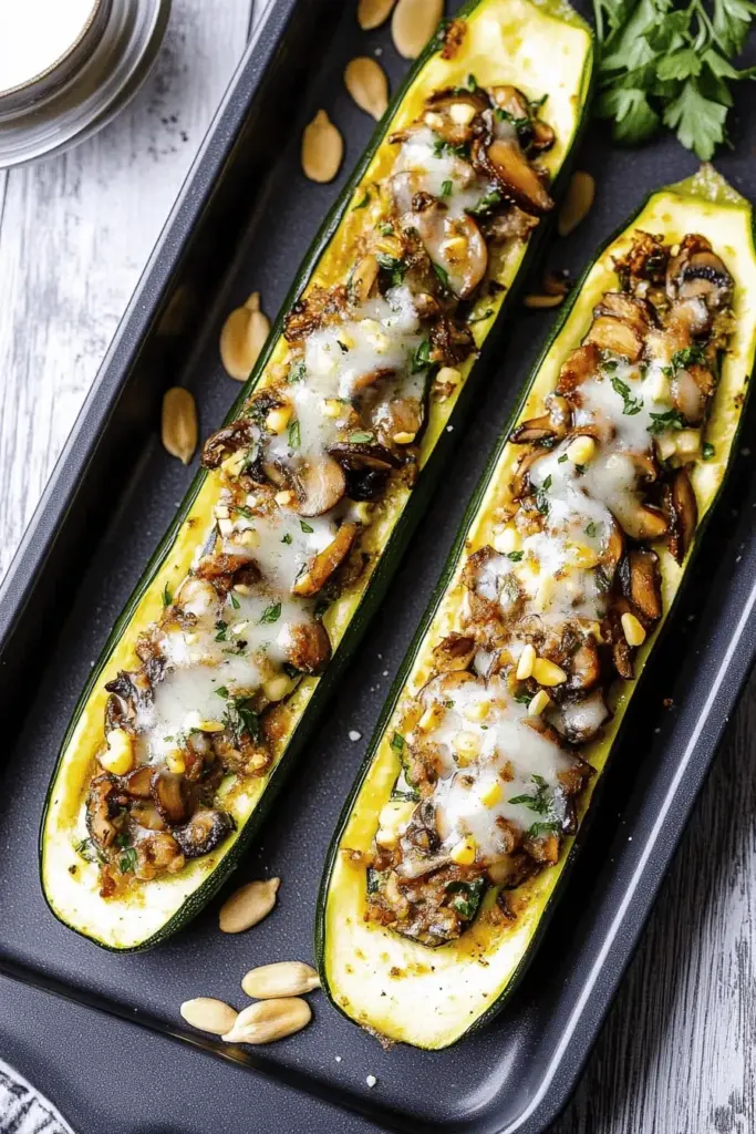 Gefüllte Zucchini mit Champignons und Knoblauchjoghurt