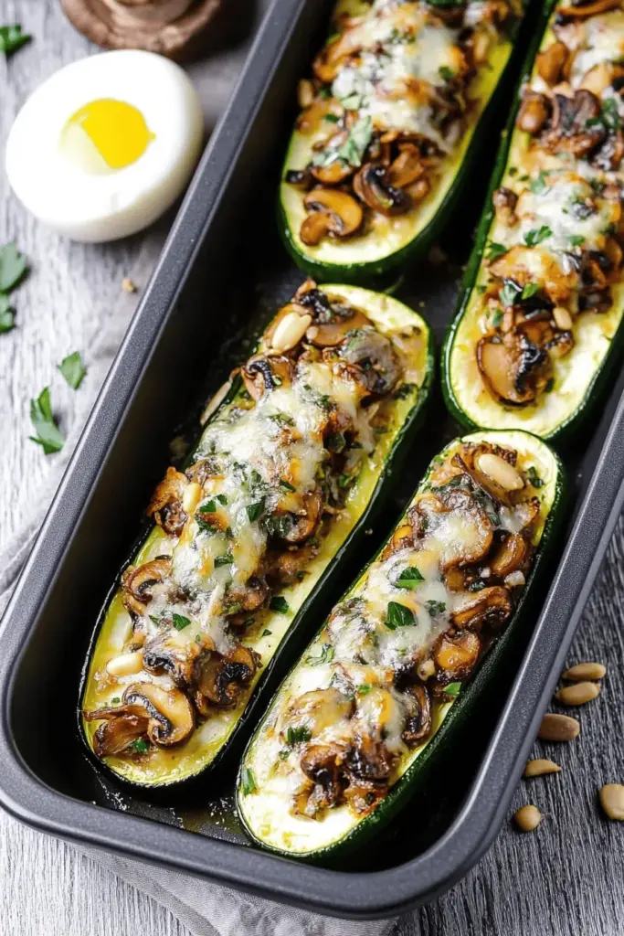 Gefüllte Zucchini mit Champignons und Knoblauchjoghurt