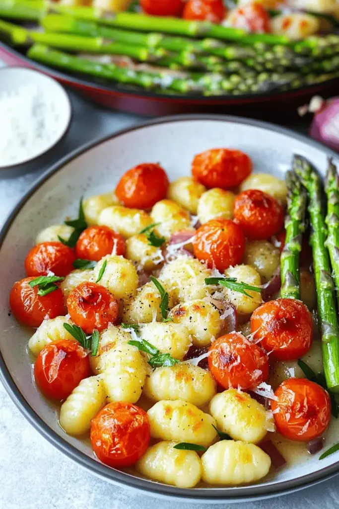 Gnocchi-Auflauf mit grünem Spargel und Tomaten