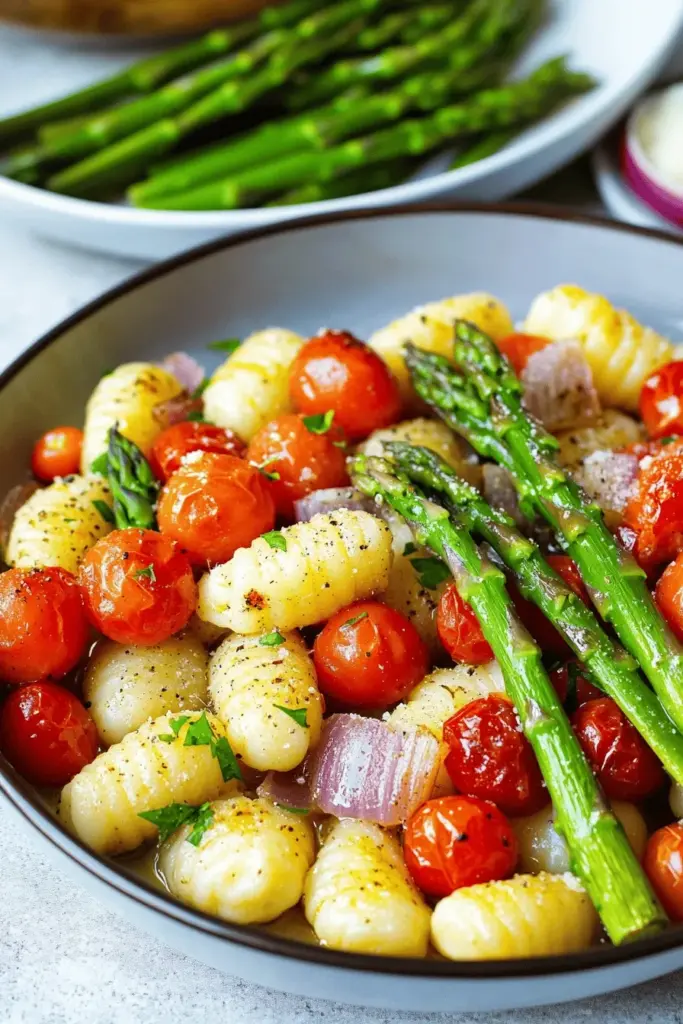 Gnocchi-Auflauf mit grünem Spargel und Tomaten