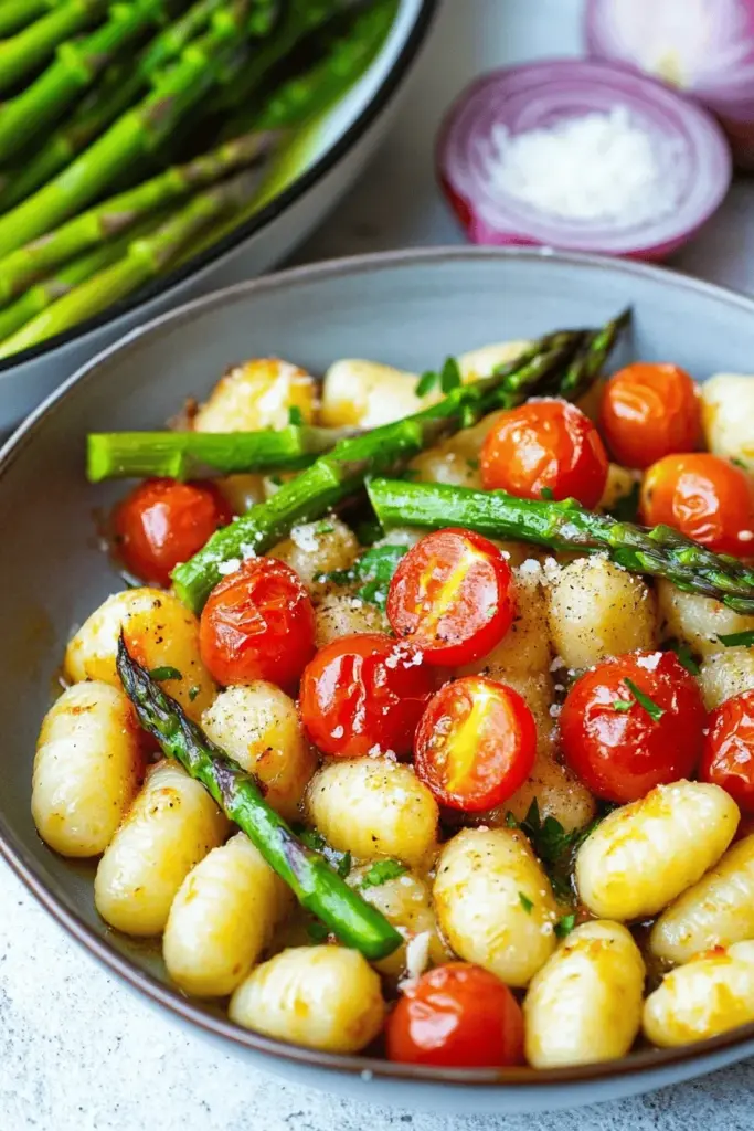 Gnocchi-Auflauf mit grünem Spargel und Tomaten
