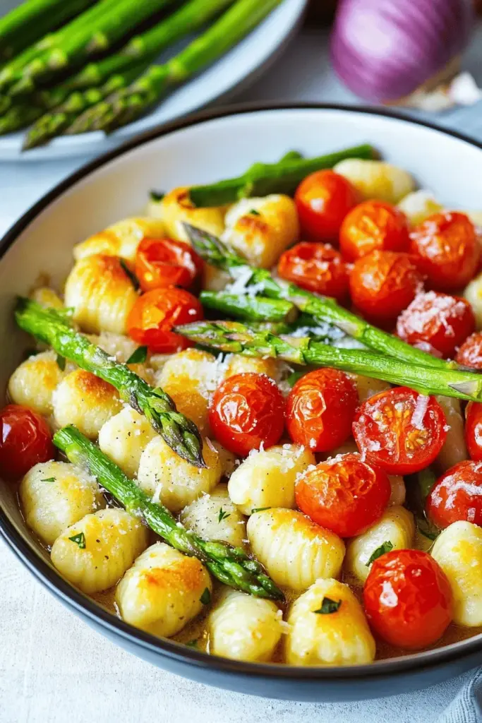 Gnocchi-Auflauf mit grünem Spargel und Tomaten
