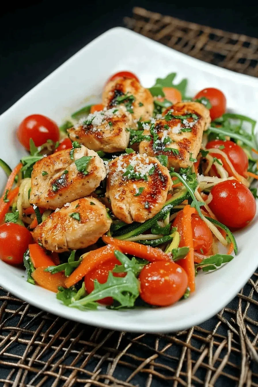 Low Carb Zoodles mit Hähnchen, Tomaten und Rucola