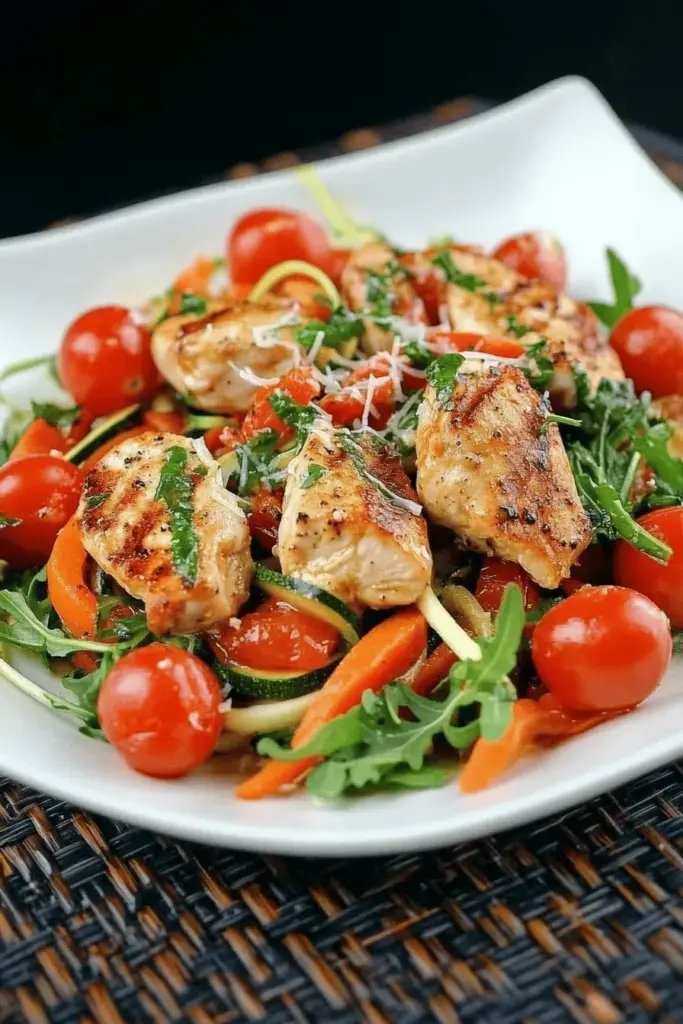 Low Carb Zoodles mit Hähnchen, Tomaten und Rucola